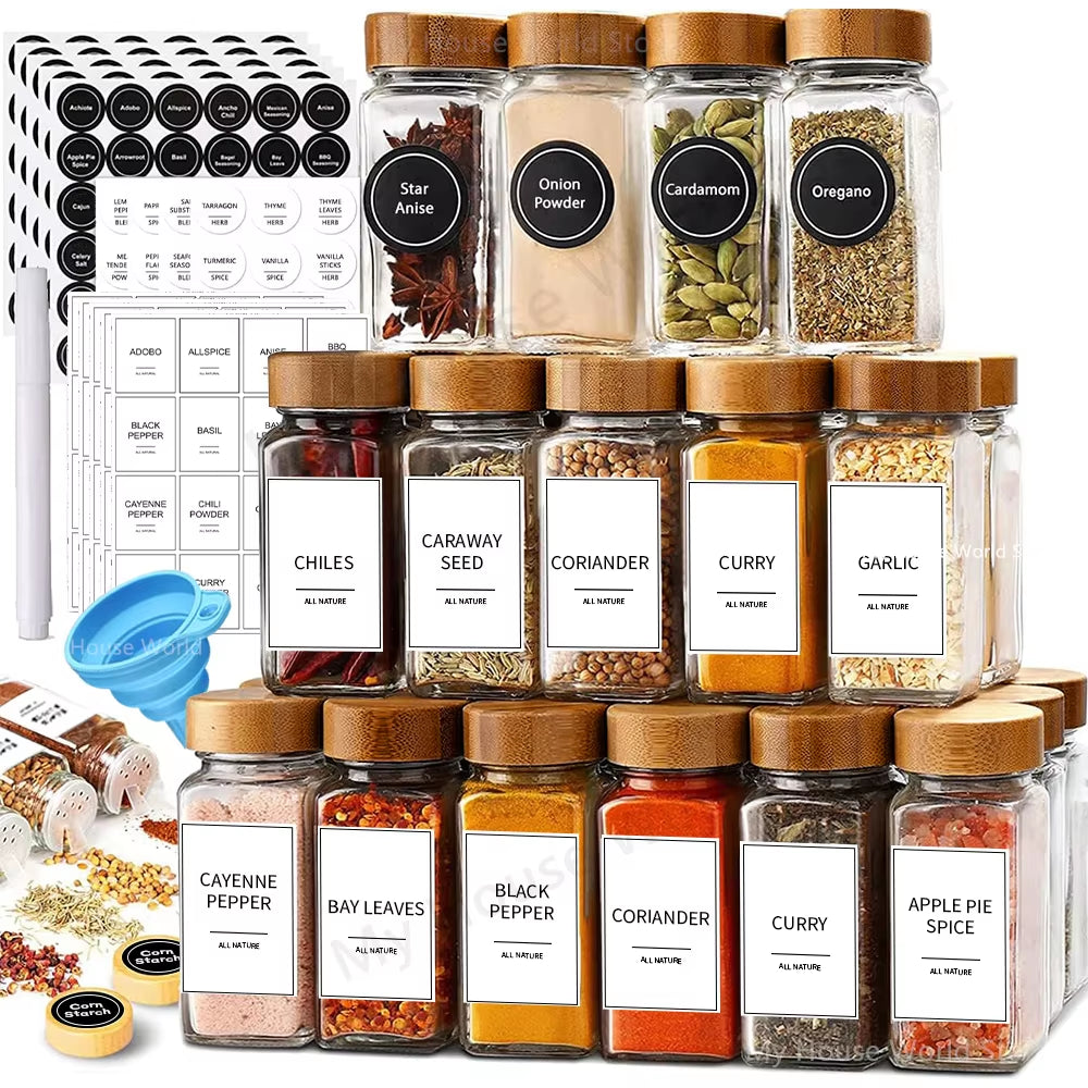 13-Piece Glass Spice Jar Set with Bamboo Lids - 4 oz Seasoning Jar Storage for Spice Rack Organization