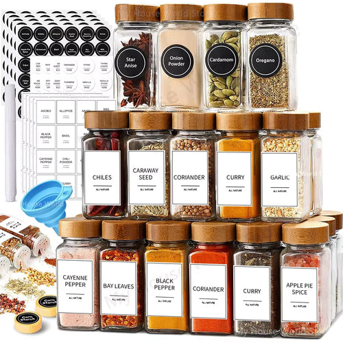 13-Piece Glass Spice Jar Set with Bamboo Lids - 4 oz Seasoning Jar Storage for Spice Rack Organization