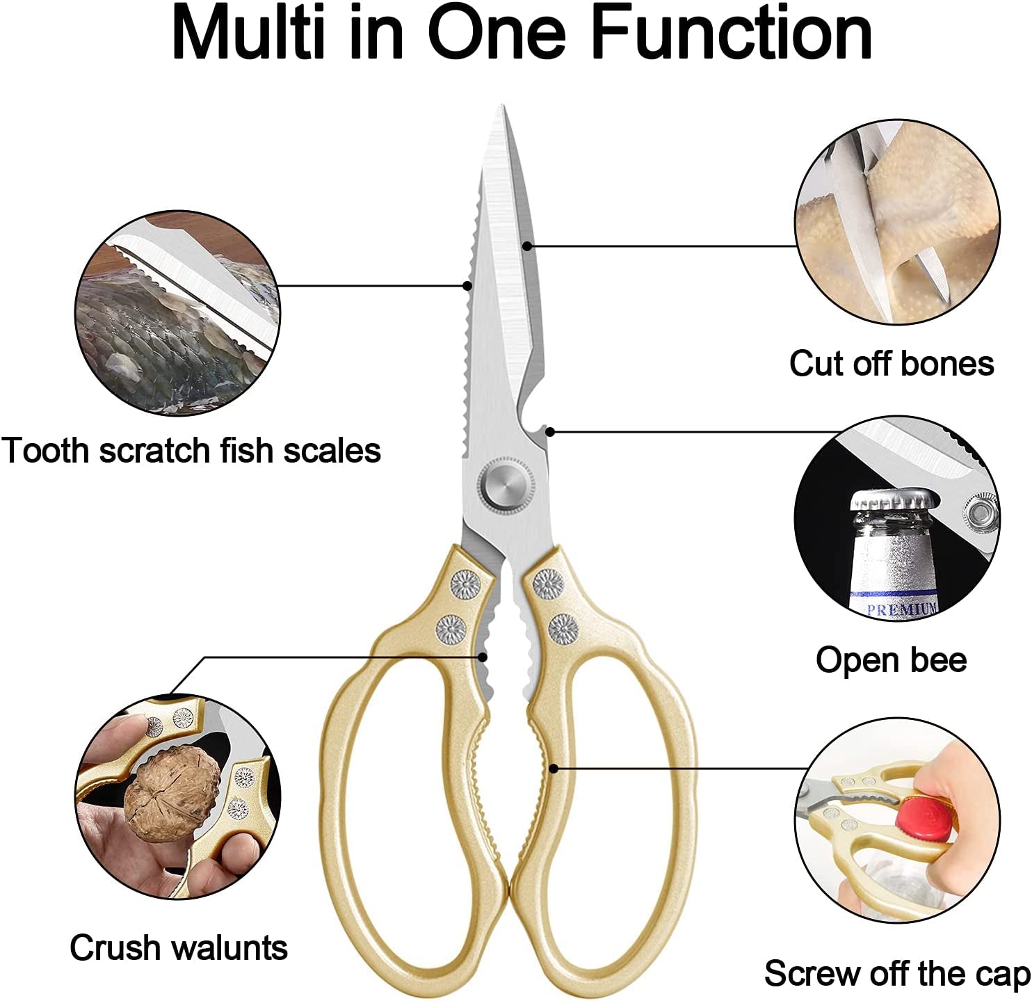 Heavy-Duty All-Purpose Kitchen Scissors with Ultra Sharp Stainless Steel Blades and Non-Slip Grips - Dishwasher Safe for Poultry, Fish, Meat, Herbs, and Grapes - Gold Finish