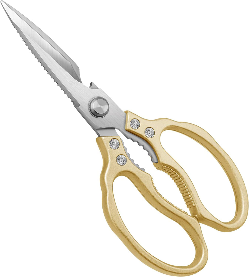Heavy-Duty All-Purpose Kitchen Scissors with Ultra Sharp Stainless Steel Blades and Non-Slip Grips - Dishwasher Safe for Poultry, Fish, Meat, Herbs, and Grapes - Gold Finish