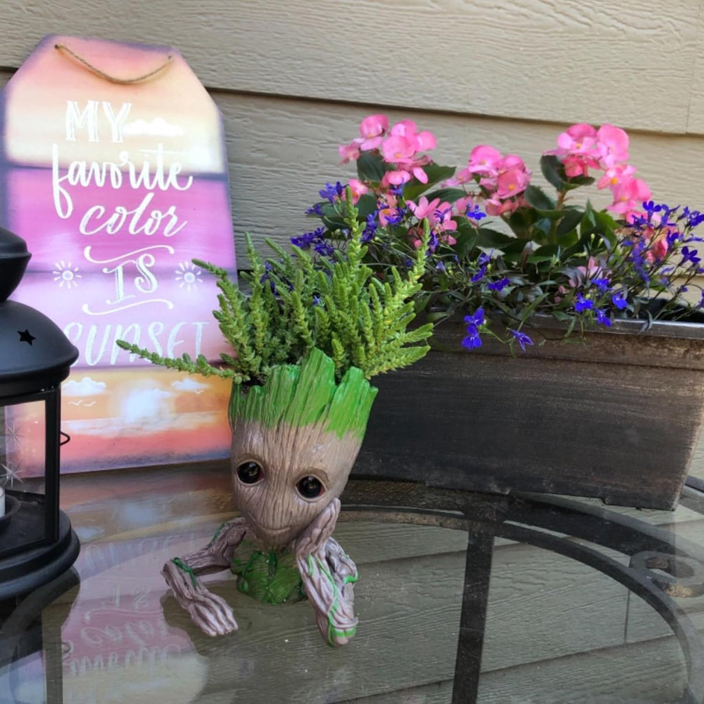 Baby Groot Pen Holder and Flower Pot with Drainage Hole for Small Succulent Plants, 6" (Grayish Brown)