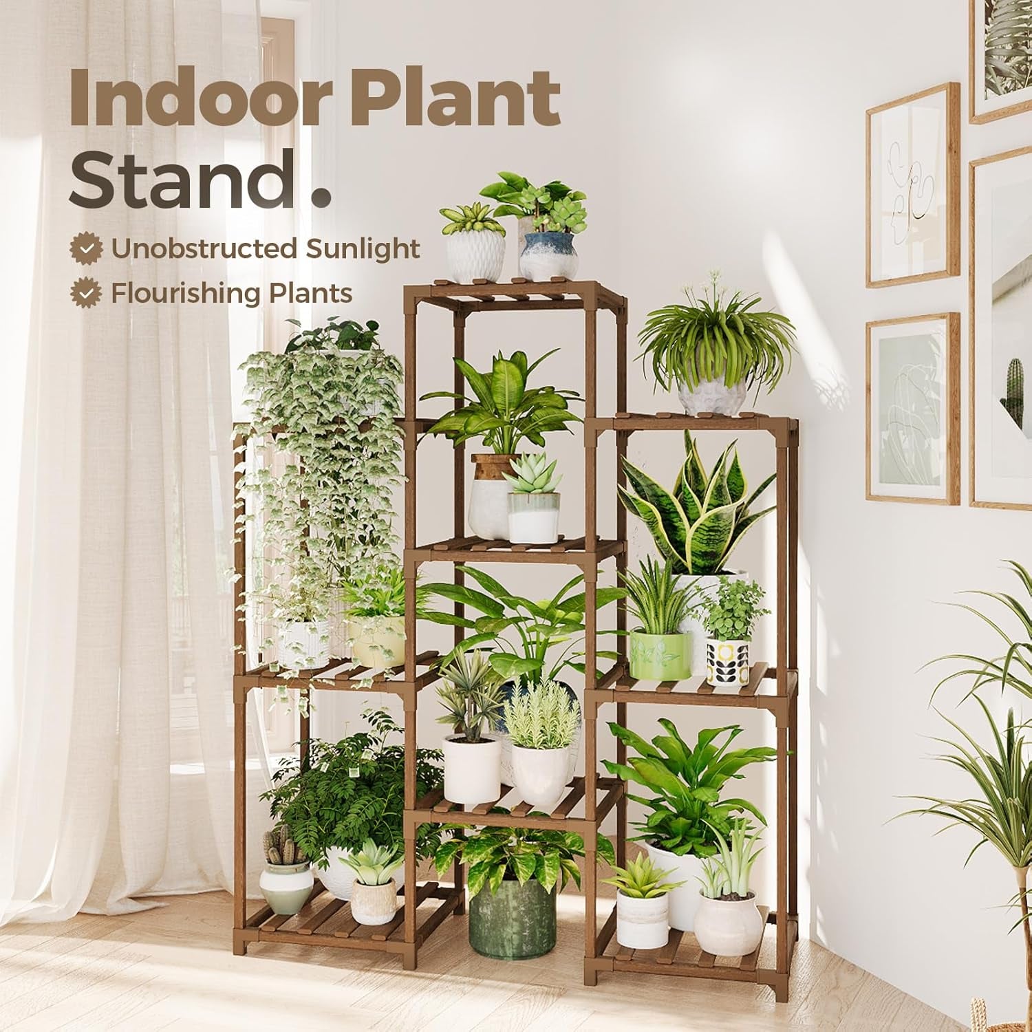 Indoor and Outdoor Wooden Plant Stand - 4-Tier Ladder Shelf for Multiple Plants - Bohemian Style Flower Rack for Living Room and Garden