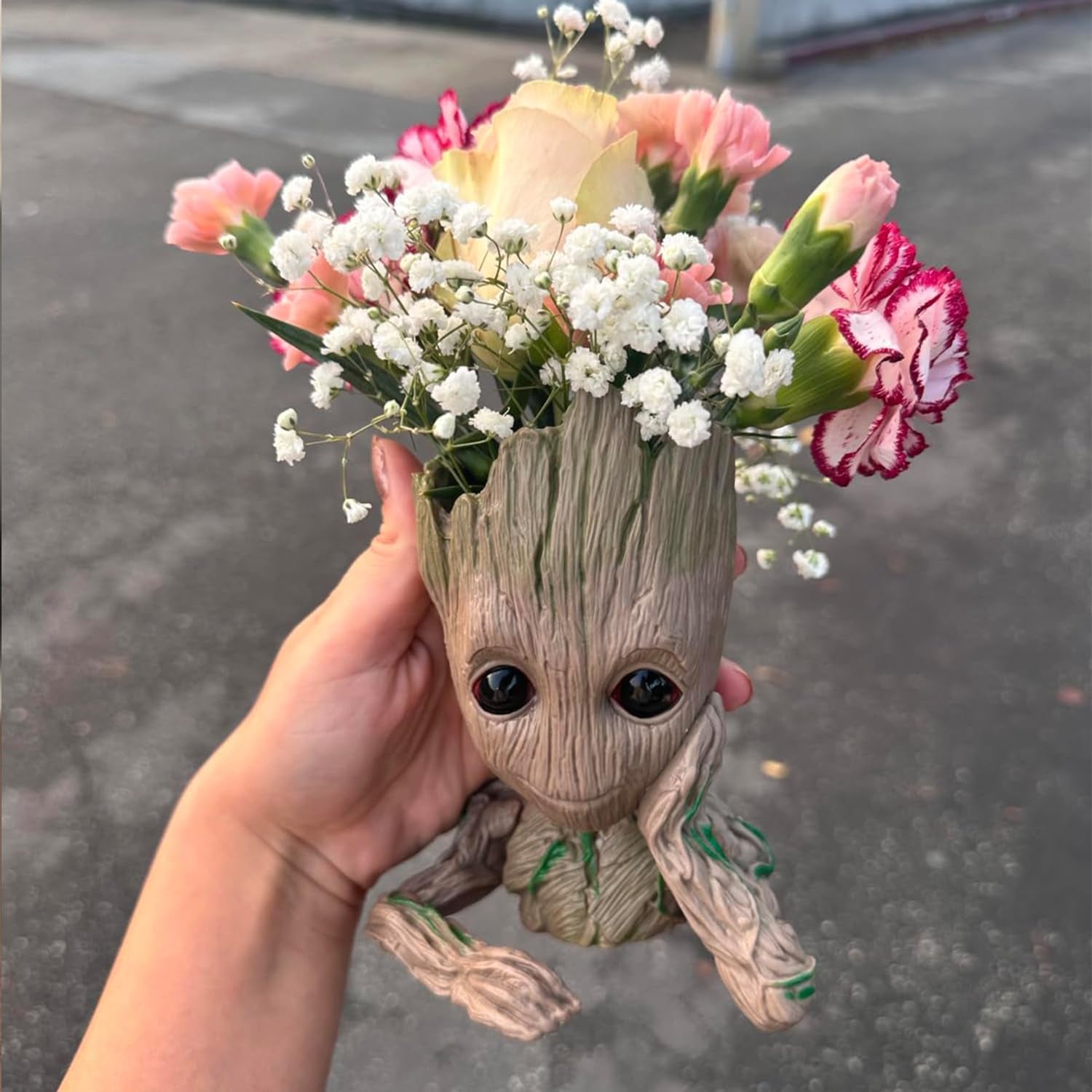 Baby Groot Pen Holder and Flower Pot with Drainage Hole for Small Succulent Plants, 6" (Grayish Brown)