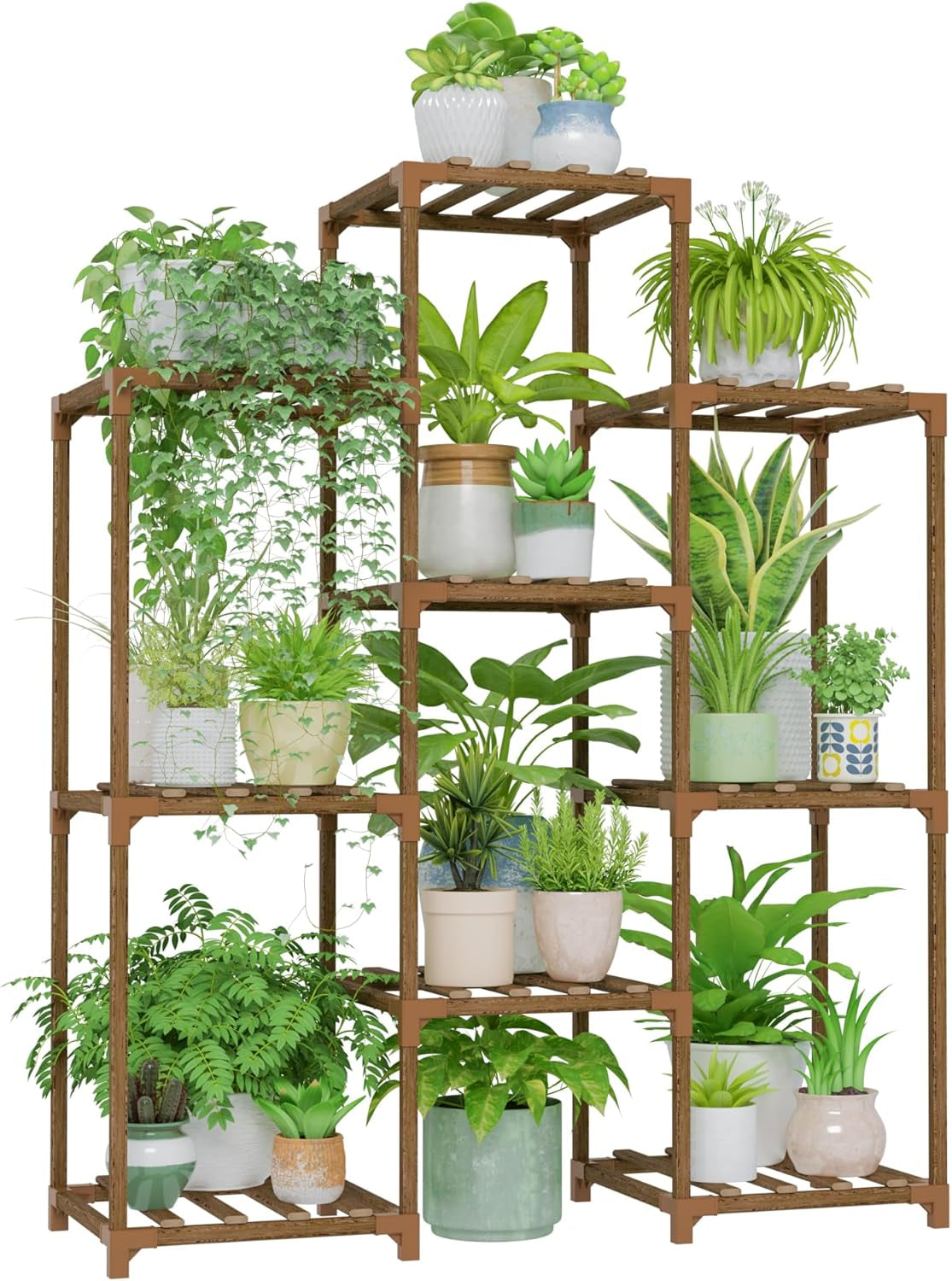 Indoor and Outdoor Wooden Plant Stand - 4-Tier Ladder Shelf for Multiple Plants - Bohemian Style Flower Rack for Living Room and Garden