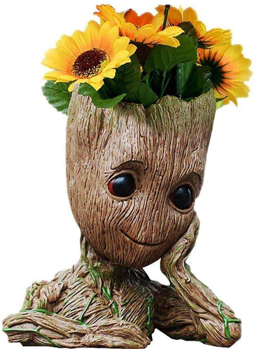 Baby Groot Pen Holder and Flower Pot with Drainage Hole for Small Succulent Plants, 6" (Grayish Brown)