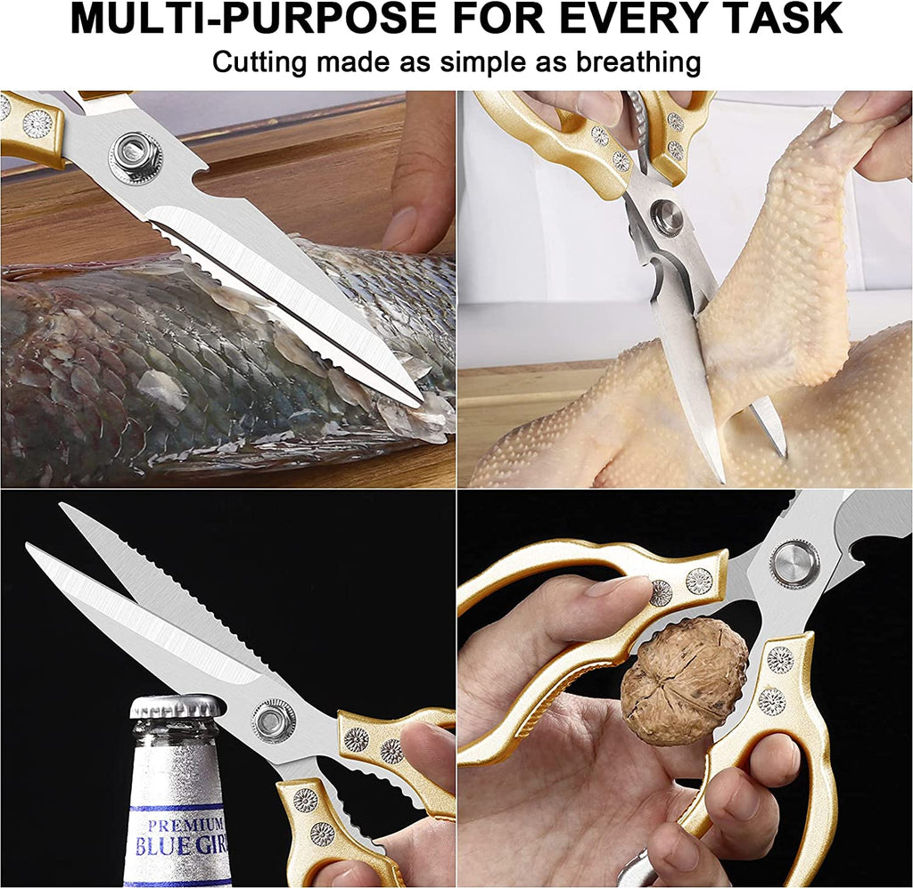 Heavy-Duty All-Purpose Kitchen Scissors with Ultra Sharp Stainless Steel Blades and Non-Slip Grips - Dishwasher Safe for Poultry, Fish, Meat, Herbs, and Grapes - Gold Finish