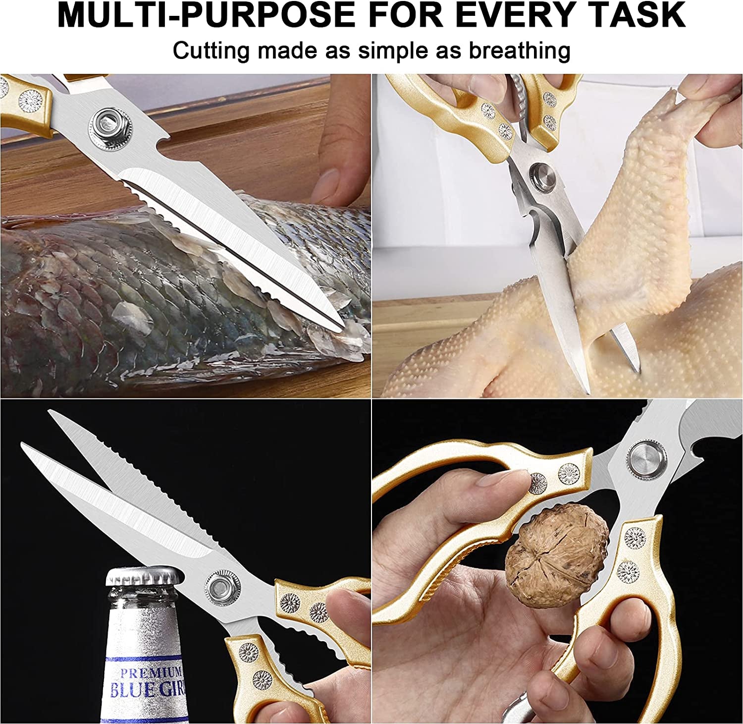 Heavy-Duty All-Purpose Kitchen Scissors with Ultra Sharp Stainless Steel Blades and Non-Slip Grips - Dishwasher Safe for Poultry, Fish, Meat, Herbs, and Grapes - Gold Finish