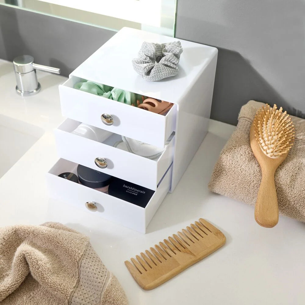 BPA-Free Plastic 3-Drawer Vanity Organizer, 6.5" x 6.5" x 6.5", White