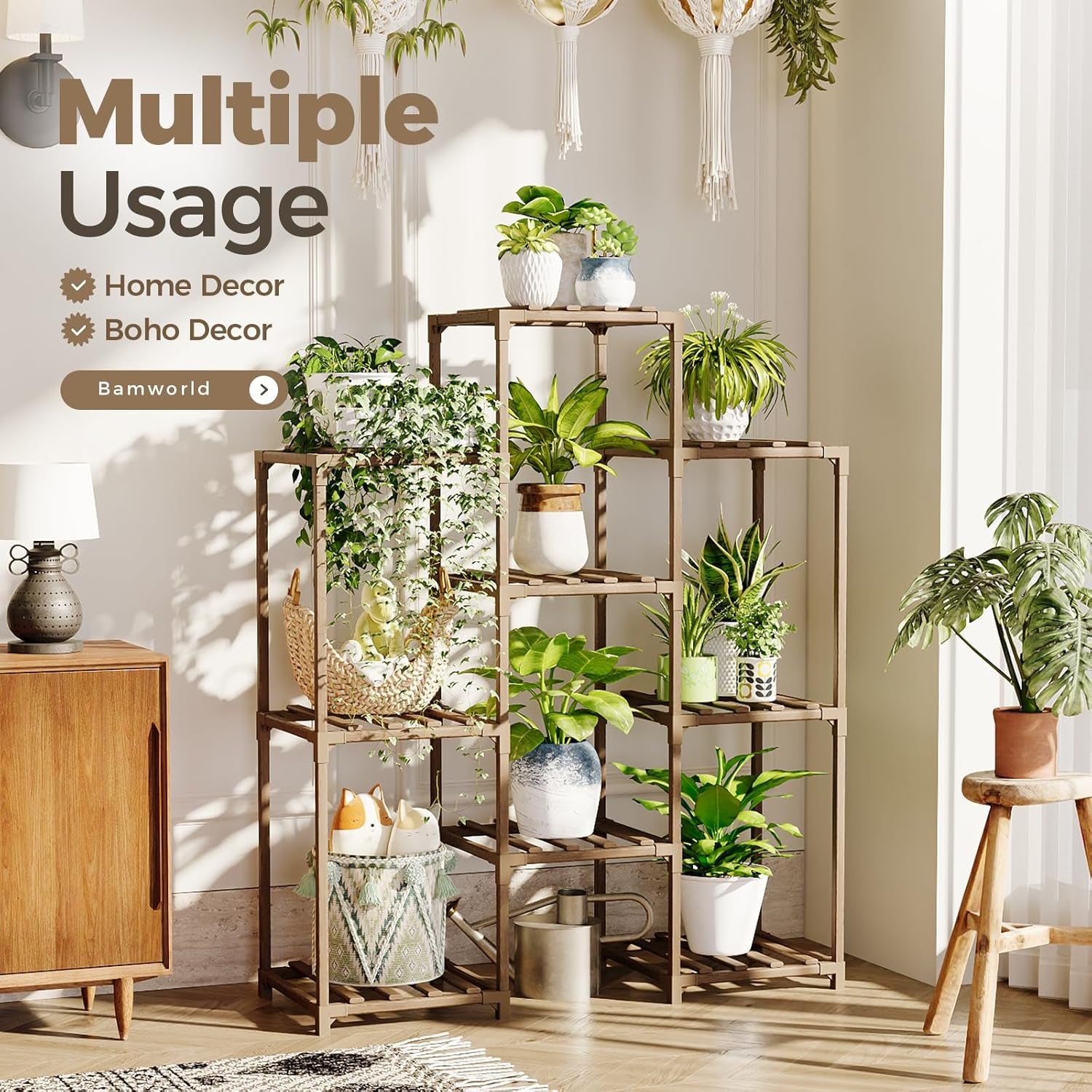Indoor and Outdoor Wooden Plant Stand - 4-Tier Ladder Shelf for Multiple Plants - Bohemian Style Flower Rack for Living Room and Garden