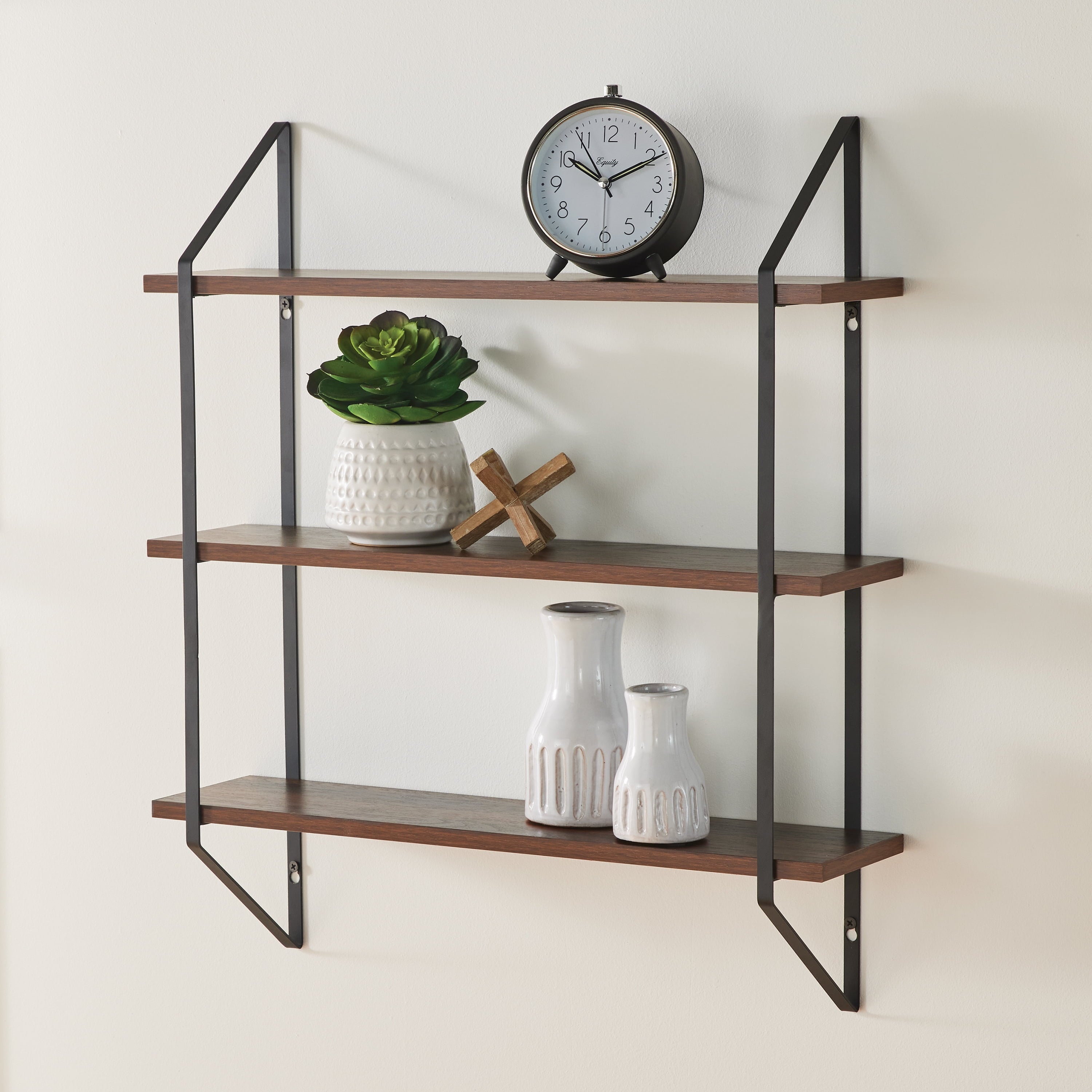 20" Wide Walnut Wood 3-Tier Bracket Shelves