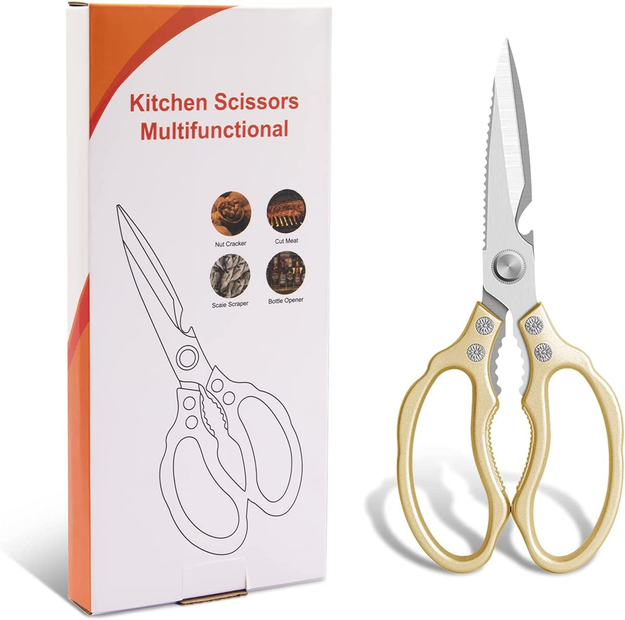 Heavy-Duty All-Purpose Kitchen Scissors with Ultra Sharp Stainless Steel Blades and Non-Slip Grips - Dishwasher Safe for Poultry, Fish, Meat, Herbs, and Grapes - Gold Finish