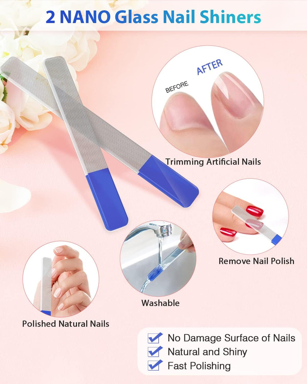 Premium Glass Nail File and Shiner Set, 4PC Crystal Nail Files with Nano Glass Buffer, Professional Manicure Tools with Case, Ideal Gift for Women and Girls