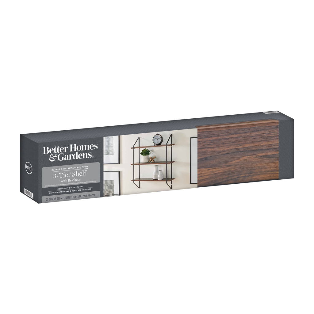 20" Wide Walnut Wood 3-Tier Bracket Shelves