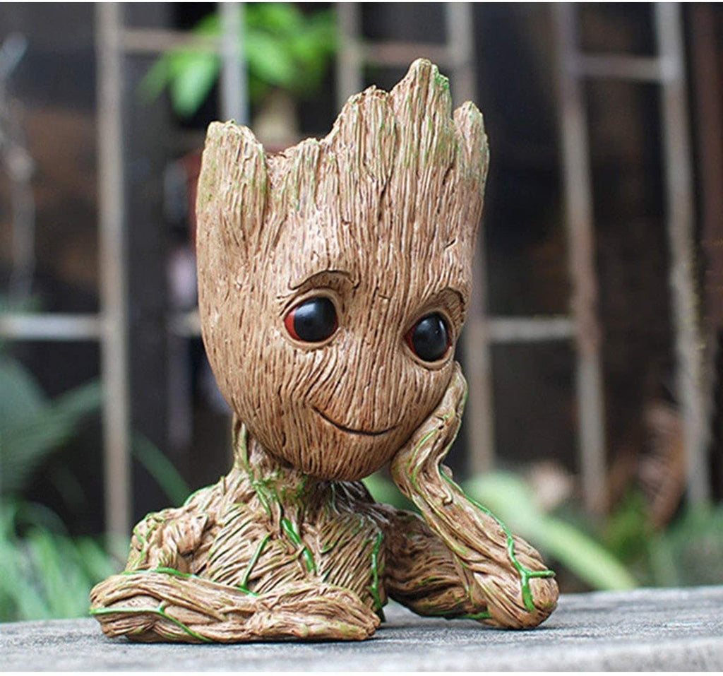 Baby Groot Pen Holder and Flower Pot with Drainage Hole for Small Succulent Plants, 6" (Grayish Brown)