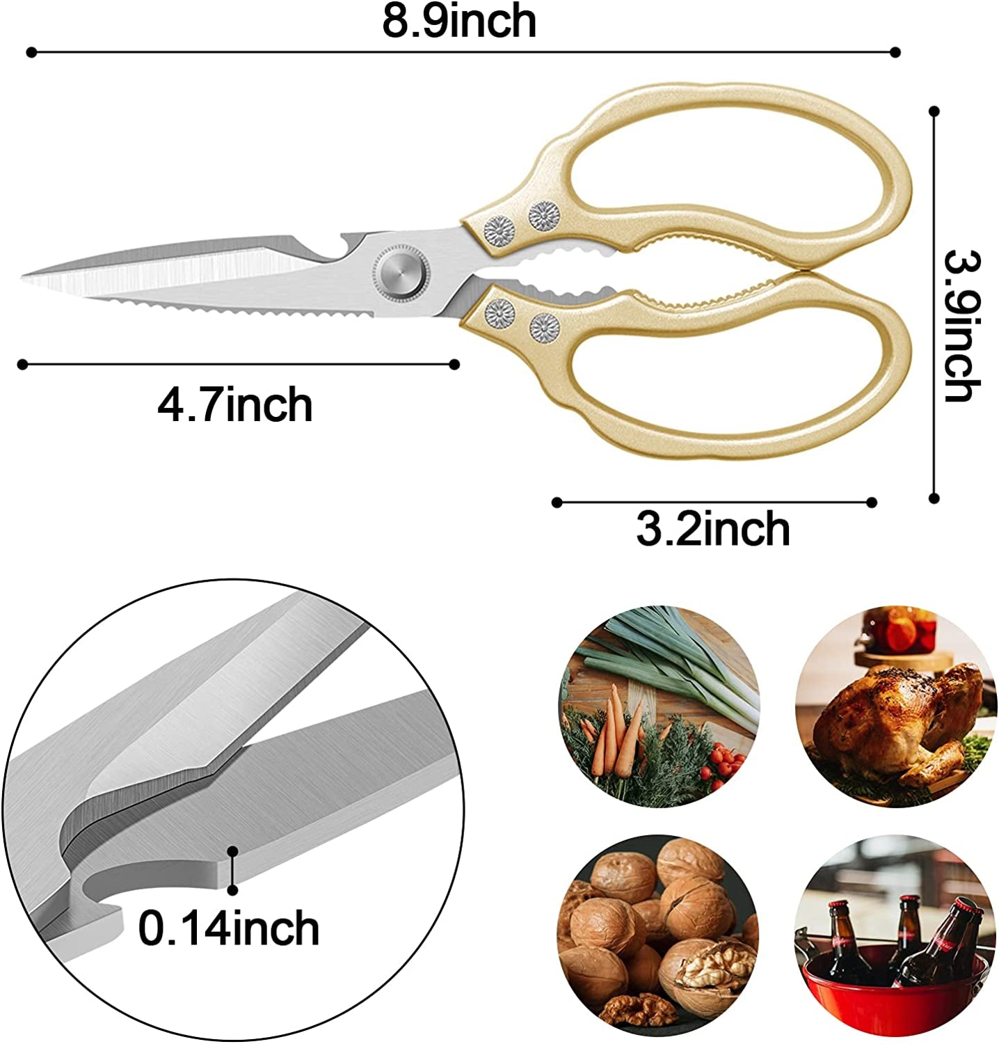 Heavy-Duty All-Purpose Kitchen Scissors with Ultra Sharp Stainless Steel Blades and Non-Slip Grips - Dishwasher Safe for Poultry, Fish, Meat, Herbs, and Grapes - Gold Finish