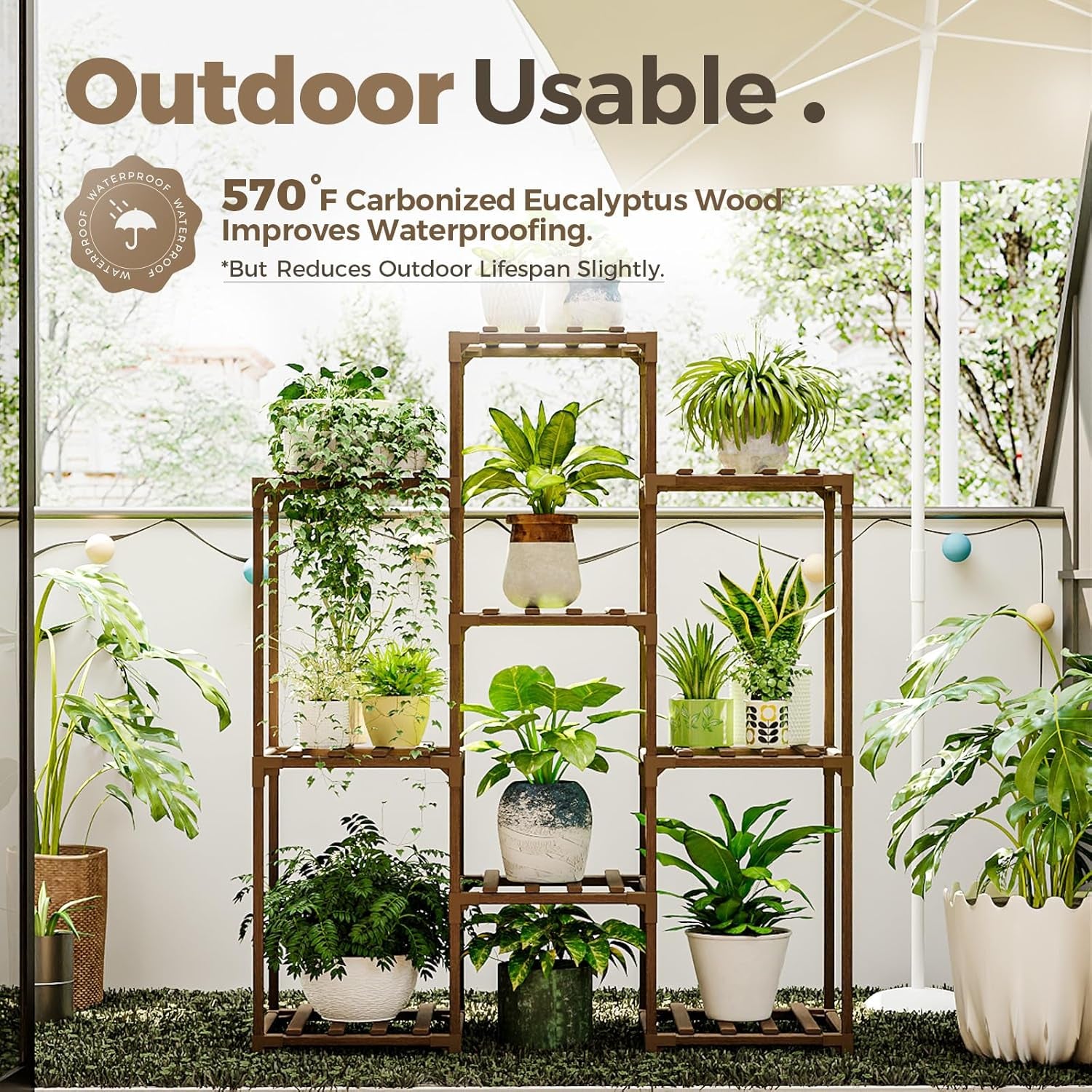 Indoor and Outdoor Wooden Plant Stand - 4-Tier Ladder Shelf for Multiple Plants - Bohemian Style Flower Rack for Living Room and Garden